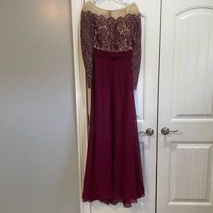 Terani Couture wine dress with lace & sheer neckline. Size 12 only worn once!